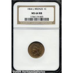1864 1C L On Ribbon MS64 Red and Brown NGC. Coppe
