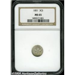 1851 3CS MS65 NGC. Pleasing luster beckons from t