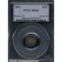 1852 3CS MS64 PCGS. Intense ruby-red, forest-gree