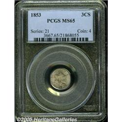 1853 3CS MS65 PCGS. Creamy and ice-blue patina co