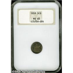 1859 3CS MS65 NGC. Variegated aqua blue and gold-