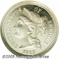 1865 3CN PR65 Cameo NGC. Nicely contrasted and ge