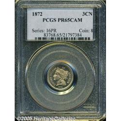 1872 3CN PR65 Cameo PCGS. Wisps of honey-gold col