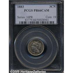 1883 3CN PR66 Cameo PCGS. Champagne surfaces reve