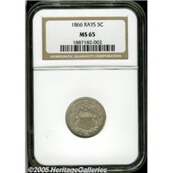1866 5C Rays MS65 NGC. Nickel-gray surfaces displ