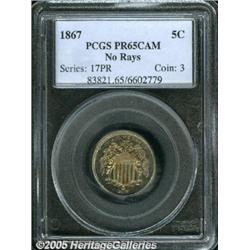 1867 5C No Rays PR65 Cameo PCGS. Second year of i