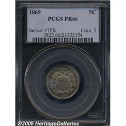 1869 5C PR66 PCGS. Iridescent gold, lilac, and sk