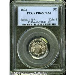 1872 5C PR66 Cameo PCGS. Brilliant surfaces offer