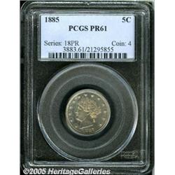 1885 5C PR61 PCGS. Apricot and plum hues embrace 