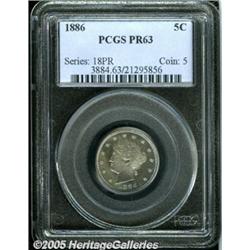 1886 5C PR63 PCGS. The sky-blue, peach, and lilac