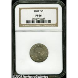 1889 5C PR66 NGC. Warm pale blue and light tan co