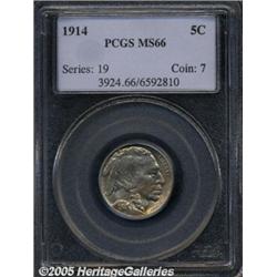 1914 5C MS66 PCGS. Golden-brown toning adheres to