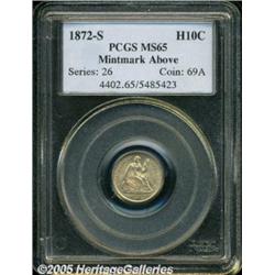 1872-S H10C Mintmark Above Bow MS65 PCGS. A frost