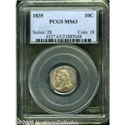 1835 10C MS63 PCGS. JR-1, R.1. Touches of golden-