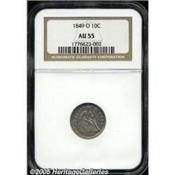 1849-O 10C AU55 NGC. Large Mintmark. Glossy gunme