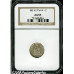 1853 10C Arrows MS64 NGC. Gentle tan color graces