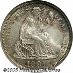 1891 10C MS67 NGC. Showing dappled, original colo