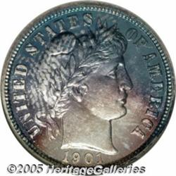 1901 10C PR67 NGC. Deeply toned with dark blue ar
