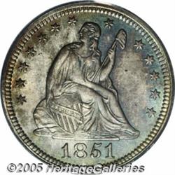 1851 25C MS64 PCGS. Dusky aqua, golden-tan, and d