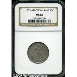 1853 25C Arrows and Rays MS63 NGC. Well struck wi