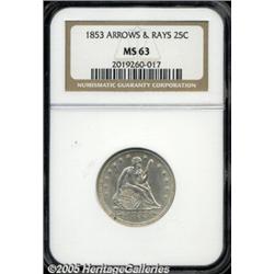 1853 25C Arrows and Rays MS63 NGC. Boldly struck 