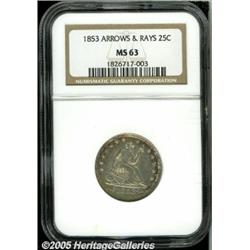 1853 25C Arrows and Rays MS63 NGC. Speckled russe