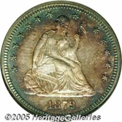 1879 25C PR67 Cameo NGC. Golden-brown color fills