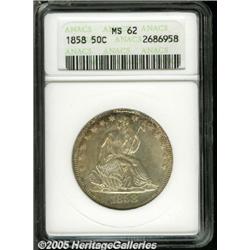1858 50C MS62 ANACS. Freckles of golden-brown pat