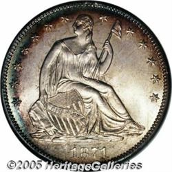 1871 50C MS65 NGC. Silver-gray luster overlays ea