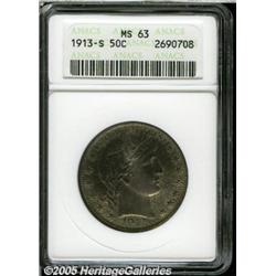 1913-S 50C MS63 ANACS. Cobalt-blue and smoky-gray