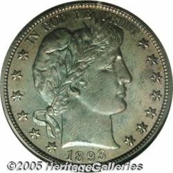 1893 50C PR65 NGC. Pastel coral-red and sea-green