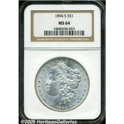 1894-S $1 MS64 NGC. Silver-gray surfaces are awas