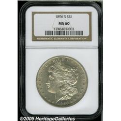 1896-S $1 MS60 NGC. Bright, silverish surfaces re