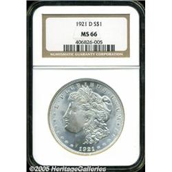 1921-D $1 MS66 NGC. Silvery, lustrous surfaces sh