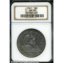 1841 $1 AU58 NGC. Deep golden-brown and mauve-blu