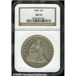 1843 $1 AU53 NGC. Light gray surfaces display wel
