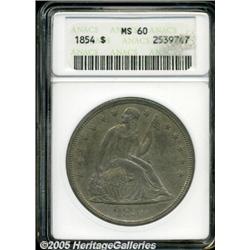 1854 $1 MS60 ANACS. The base of the 4 in the date