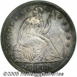 1859 $1 MS61 NGC. Grayish-blue and mauve patina b