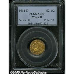 1911-D $2 1/2 Weak D AU53 PCGS. Lovely pink-gray 