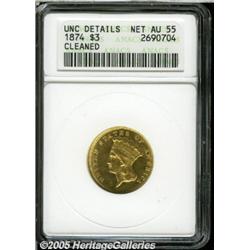 1874 $3 --Cleaned--ANACS. Unc Details, Net AU55. 