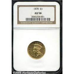 1878 $3 AU58 NGC. Softly struck on the lower port
