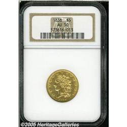 1838 $5 AU50 NGC. Breen-6515, Small Arrows, Large