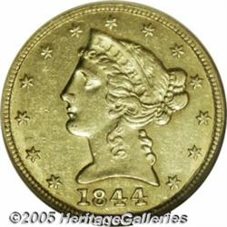 1844-C $5 AU58 NGC. Variety 7-D. A later die stag