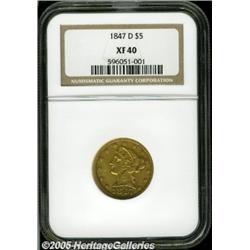 1847-D $5 XF40 NGC. Variety 16-M. One of the more