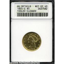 1855-C $5 --Tooled, Cleaned--ANACS. AU Details, N
