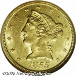 1855-D $5 Large D MS64 NGC. Large mintmark. Varie