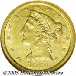 1857-D $5 AU58 NGC. Variety 34-CC. Another underr