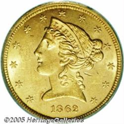 1862 $5 MS62 PCGS. Unlike the smaller 1862 gold i