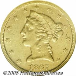 1867-S $5 AU50 NGC. One of only 29,000 Half Eagle