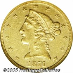 1871 $5 AU55 NGC. Business strike production of t